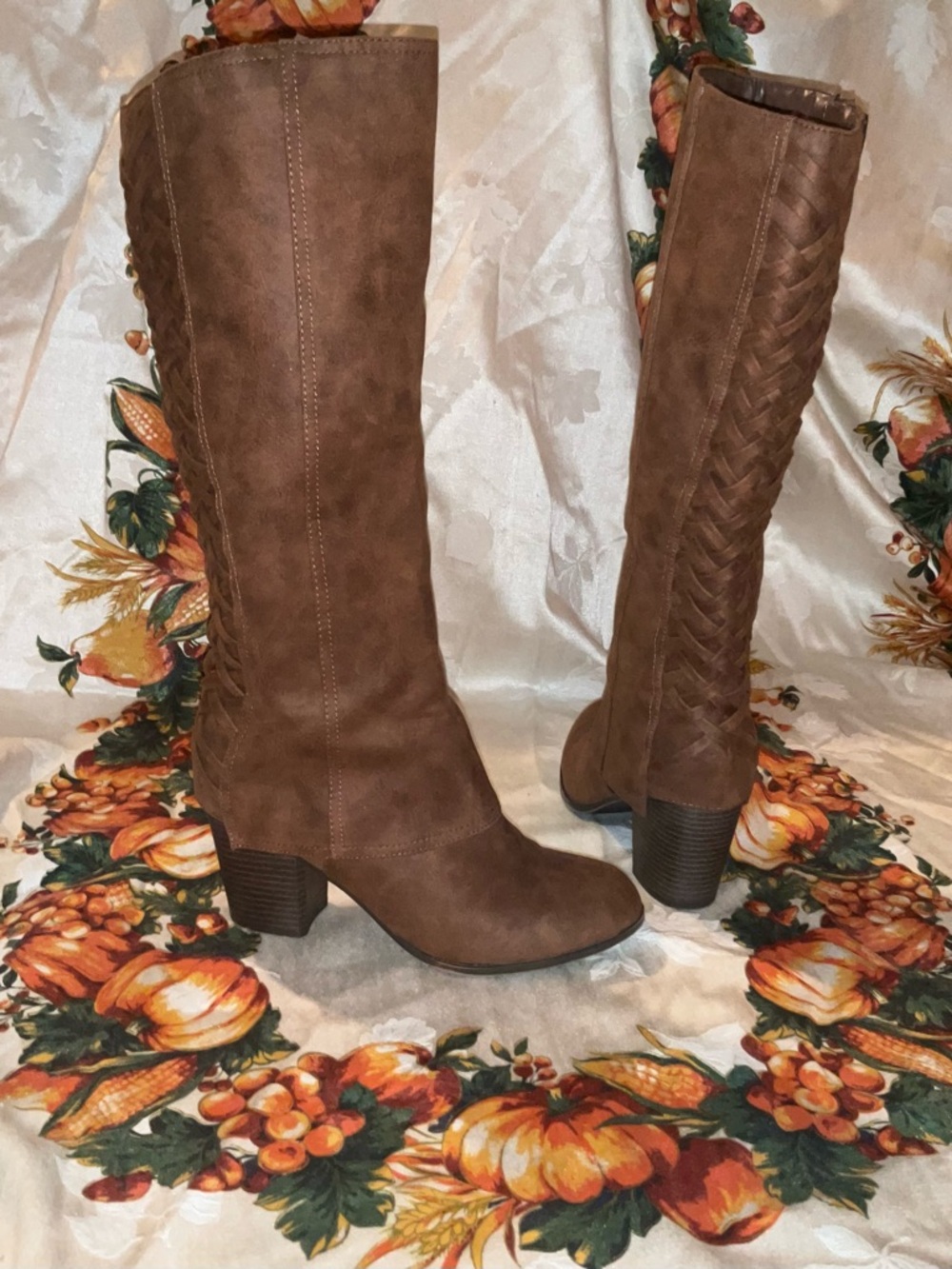 Fergalicious Brown Knee-High Braided-Back Block Heel Boots - Picture 4 of 8